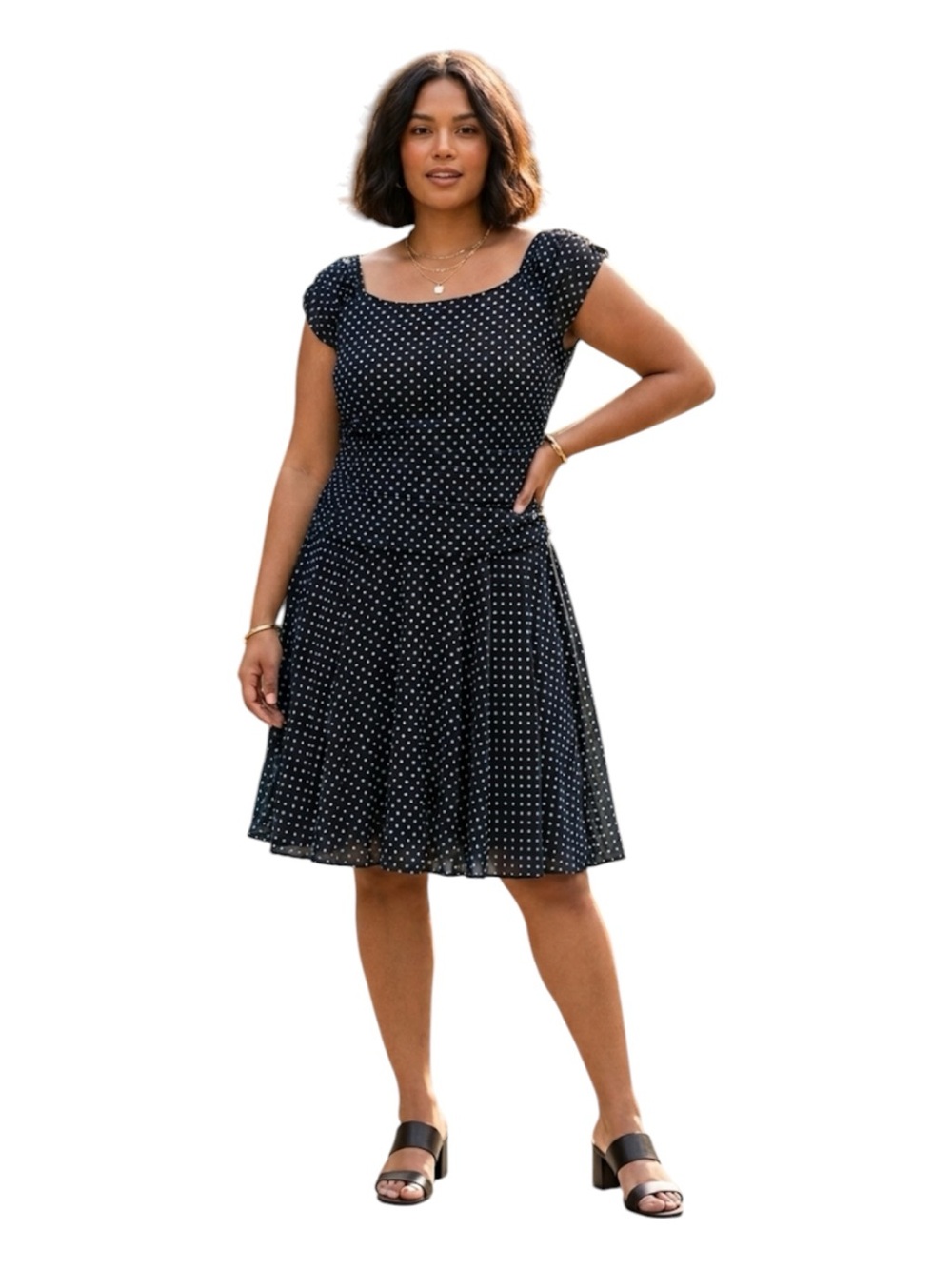 Vintage AGB Dress Y2K Light Blue Polka Dot Ruched Cap Sleeve + waist size 12